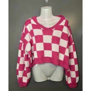 Better Be Sweater Womens Medium Pink White Checkered Cropped Balloon Sleeve
